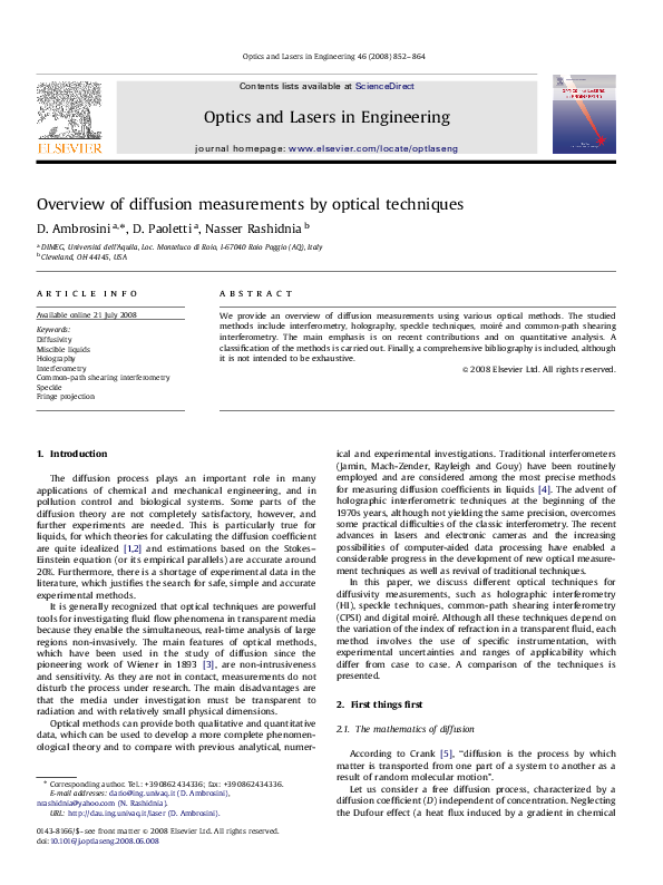 (PDF) Overview of diffusion measurements by optical techniques