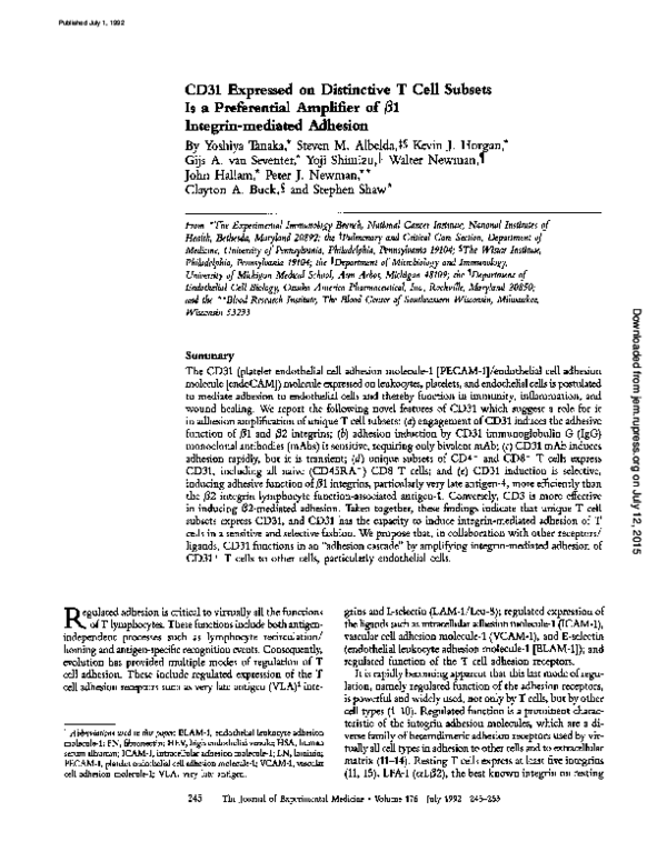 (PDF) CD31 Expressed on Distinctive T Cell Subsets Is a Preferential ...