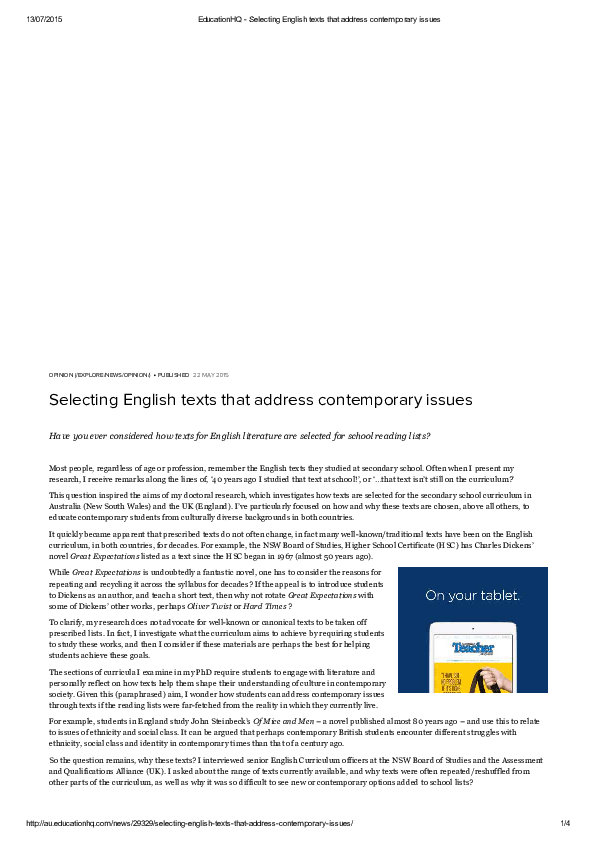 (PDF) Selecting English texts that address contemporary issues