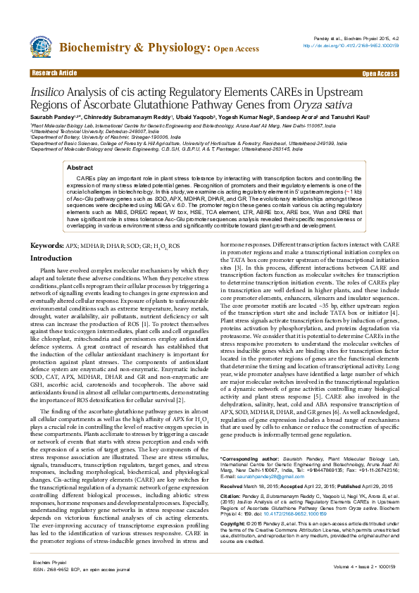 (PDF) Insilico Analysis of cis acting Regulatory Elements CAREs in ...