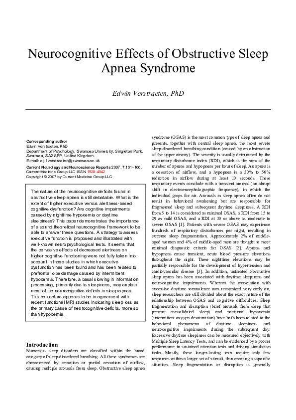 (PDF) Neurocognitive effects of obstructive sleep apnea syndrome