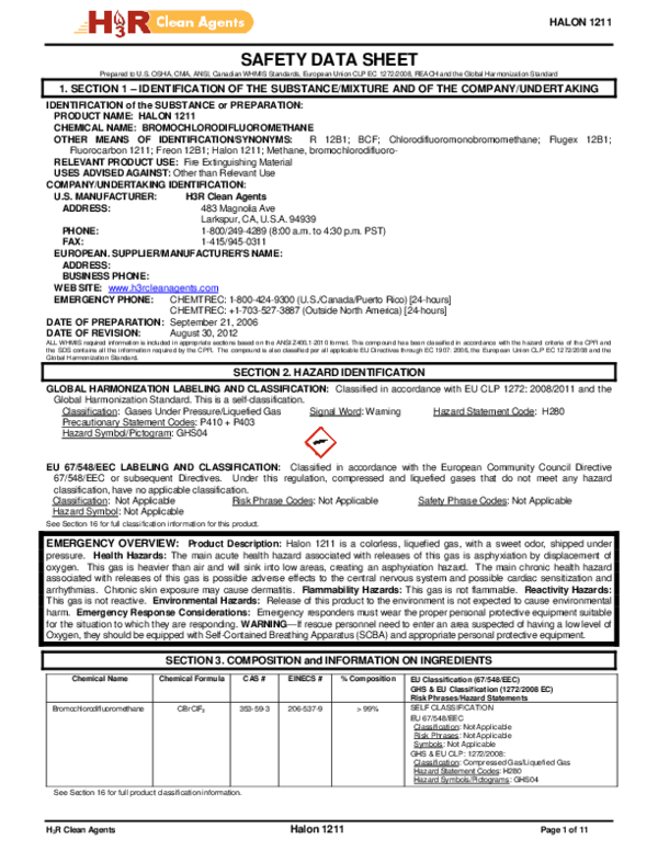 (PDF) HALON 1211 H 3 R Clean Agents Halon 1211 SAFETY DATA SHEET 1