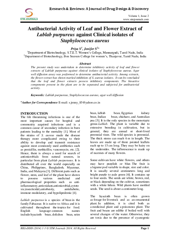 (PDF) Antibacterial Activity of Leaf and Flower Extract of Lablab ...