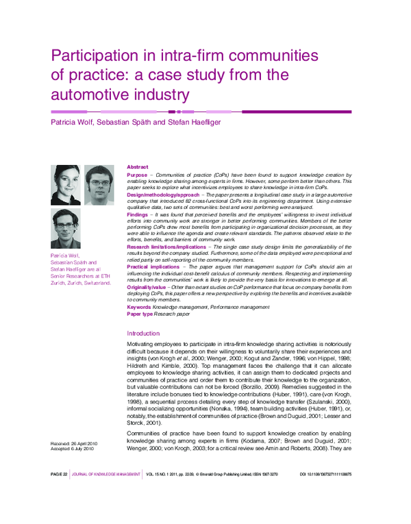 (PDF) Participation in intra-firm communities of practice: a case study ...