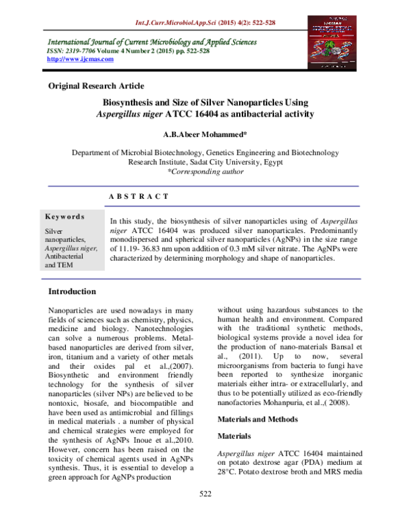 (PDF) Biosynthesis and Size of Silver Nanoparticles Using Aspergillus ...