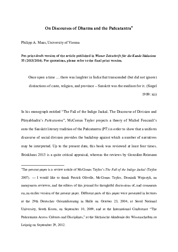 First page of “On Discourses of Dharma and the Pañcatantra”