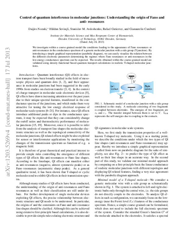 (PDF) Control of quantum interference in molecular junctions ...