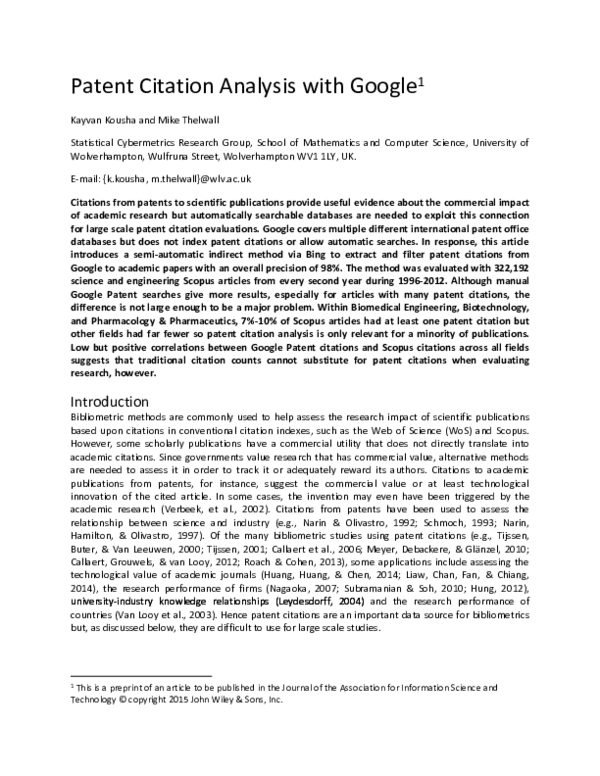 View of (PDF) Patent Citation Analysis with Google