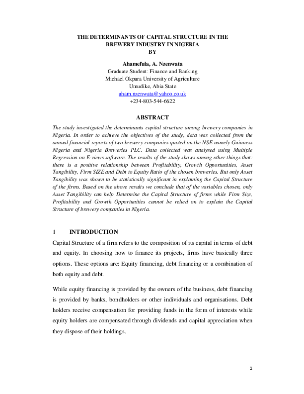 (PDF) THE DETERMINANTS OF CAPITAL STRUCTURE IN THE BREWERY INDUSTRY IN ...