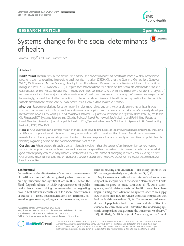 (PDF) Systems change for the social determinants of health