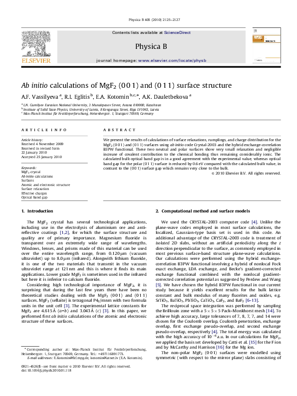 (PDF) Ab initio calculations of MgF2 (001) and (011) surface structure