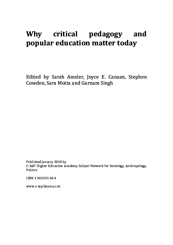 (PDF) Why Critical Pedagogy and Popular Education Matter Today