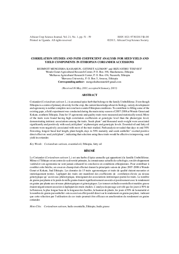 (PDF) CORRELATION STUDIES AND PATH COEFFICIENT ANALYSIS FOR SEED YIELD ...