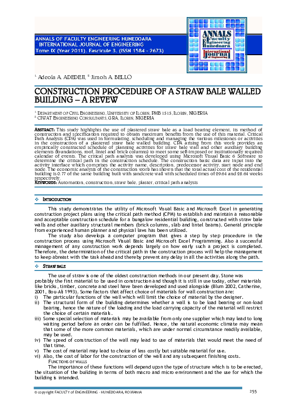 (PDF) CONSTRUCTION PROCEDURE OF A STRAW BALE WALLED BUILDING A REVEW