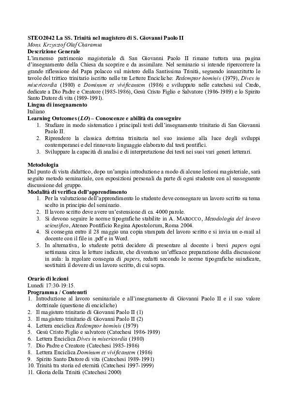 (DOC) Trinità nel magistero di Giovanni Paolo II (corso)