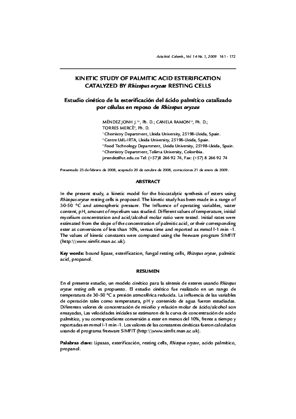 (PDF) STUDY OF PALMITIC ACID ESTERIFICATION CATALYZED BY Rhizopus oryzae RESTING CELLS
