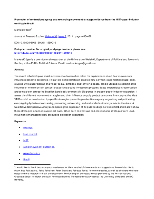 (PDF) Promotion of contentious agency as a rewarding movement strategy