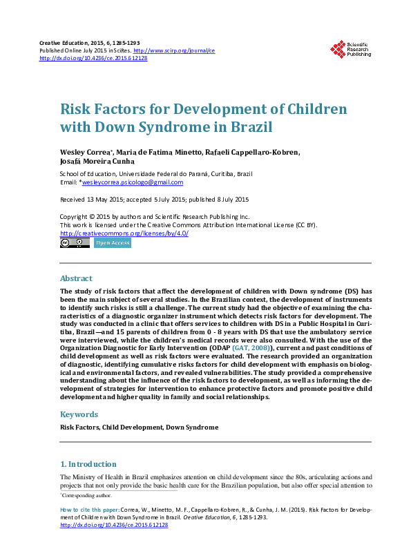 (PDF) Risk Factors for Development of Children with Down Syndrome in Brazil