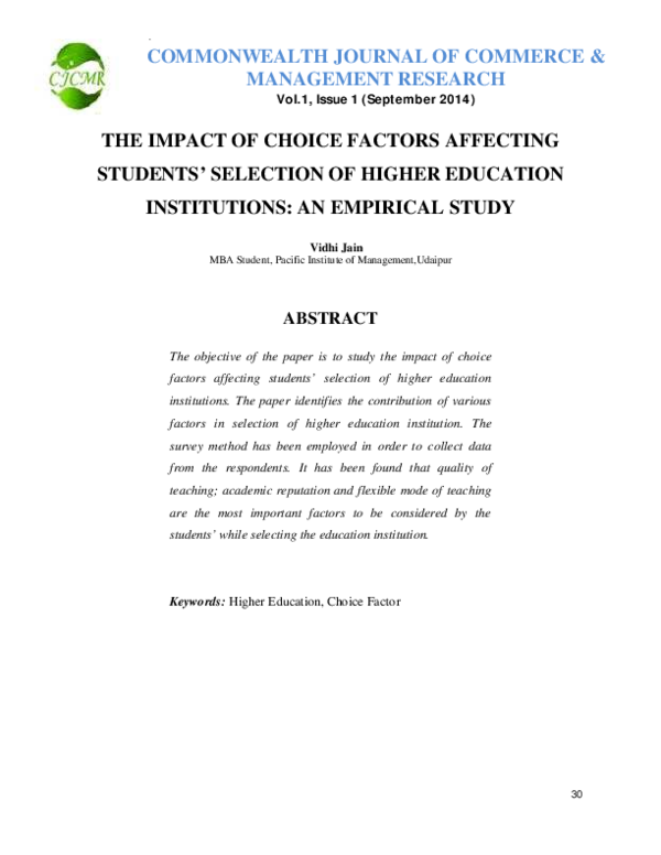(PDF) THE IMPACT OF CHOICE FACTORS AFFECTING STUDENTS’ SELECTION OF ...