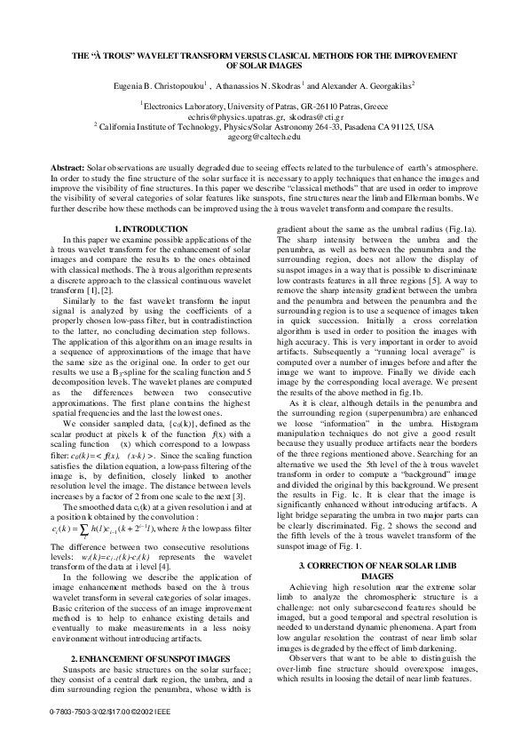 (PDF) THE “À TROUS” WAVELET TRANSFORM VERSUS CLASICAL METHODS FOR THE ...
