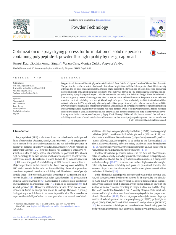 (PDF) Optimization of spray drying process for formulation of solid ...