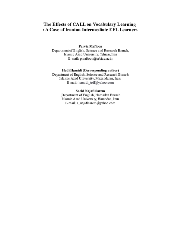 (DOC) The Effects of CALL on Vocabulary Learning: A Case of Iranian ...