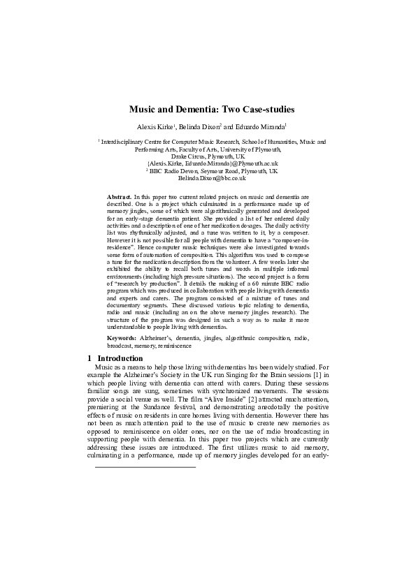 (PDF) Music and Dementia Two Casestudies Alexis Kirke Academia.edu