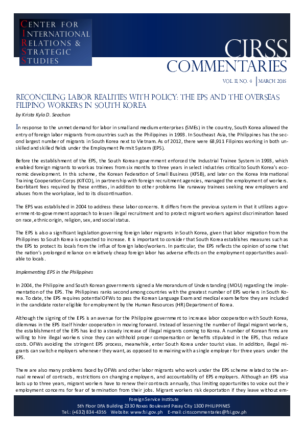 (PDF) Reconciling Labor Realities with Policy: The EPS and the Overseas ...