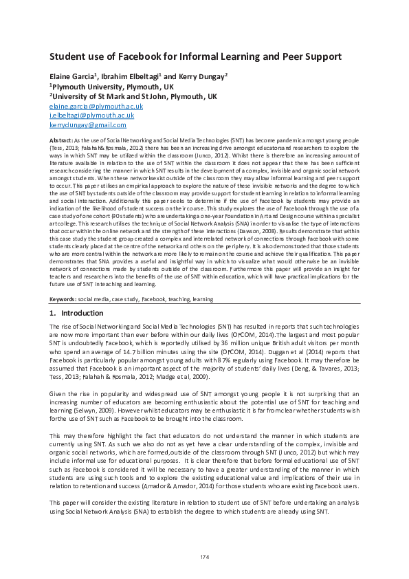 (PDF) Student use of Facebook for Informal Learning and Peer Support