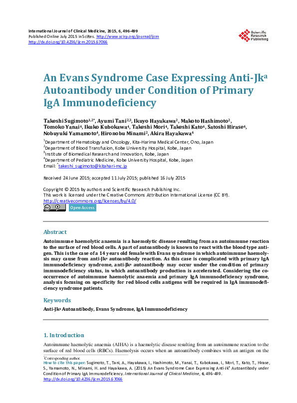 (PDF) An Evans Syndrome Case Expressing AntiJka Autoantibody under Condition of Primary IgA