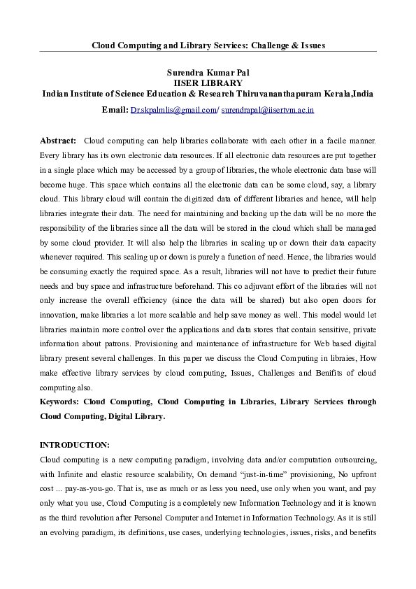 (PDF) Cloud Computing and Library Services: Challenge & Issues