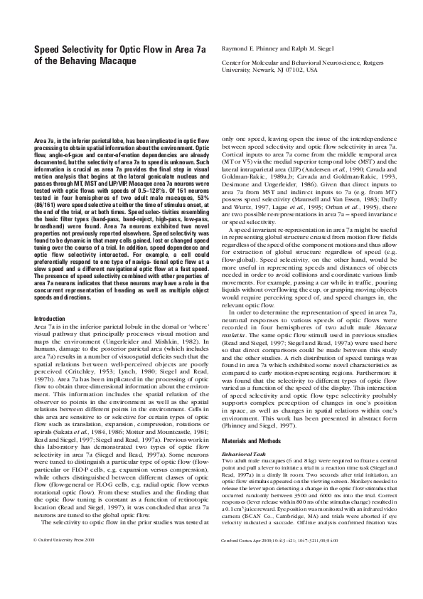 (PDF) Speed Selectivity for Optic Flow in Area 7a of the Behaving Macaque