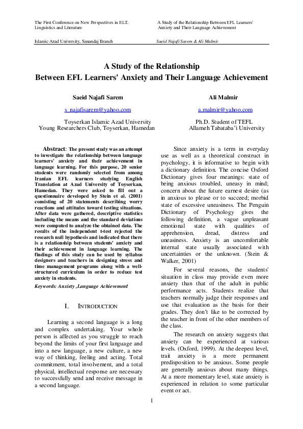 (PDF) A Study of the Relationship Between EFL Learners' Anxiety and ...