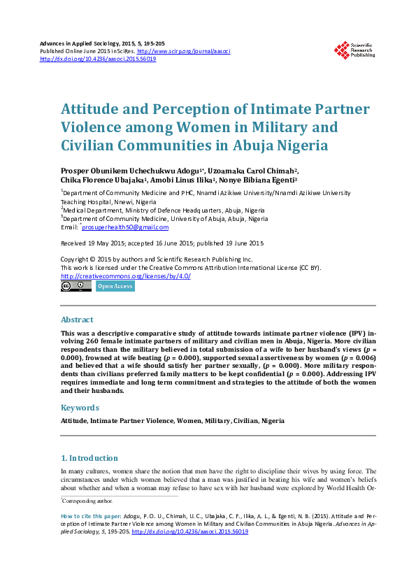 (PDF) Attitude and Perception of Intimate Partner Violence among Women ...