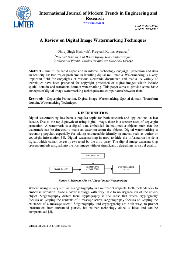 (PDF) A Review on Digital Image Watermarking Techniques Editor IJMTER