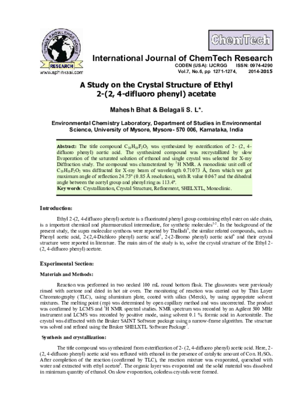 A Study on the Crystal Structure of Ethyl 2-(2, 4-difluoro phenyl) acetate
