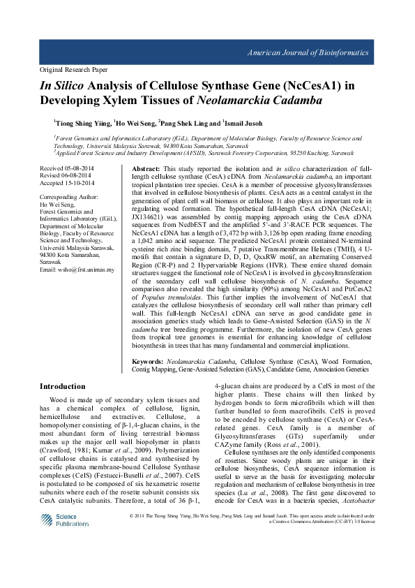 (PDF) In Silico Analysis of Cellulose Synthase Gene (NcCesA1) in ...