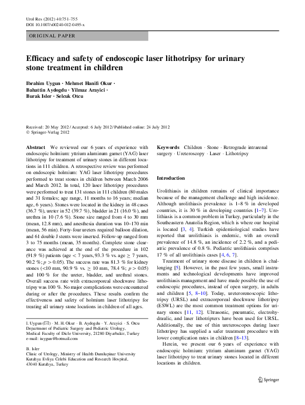 (PDF) Efficacy and safety of endoscopic laser lithotripsy for urinary
