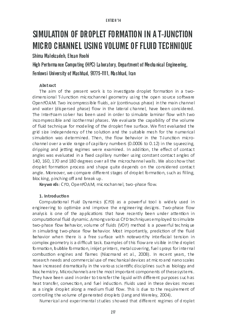 (PDF) SIMULATION OF DROPLET FORMATION IN A T-jUNCTION MICRO CHANNEL ...