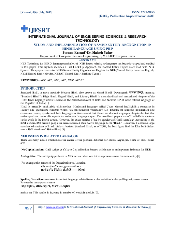 (PDF) STUDY AND IMPLEMENTATION OF NAMED ENTITY RECOGNITION IN HINDI ...