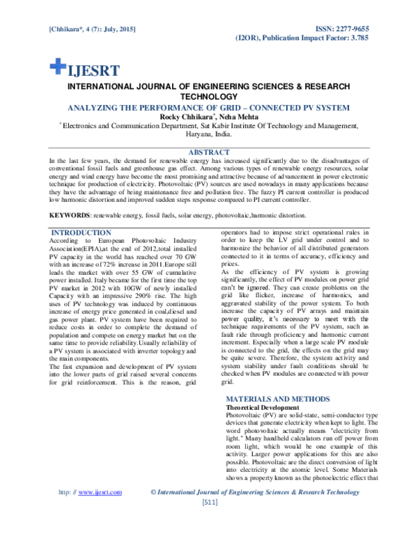 (PDF) ANALYZING THE PERFORMANCE OF GRID – CONNECTED PV SYSTEM