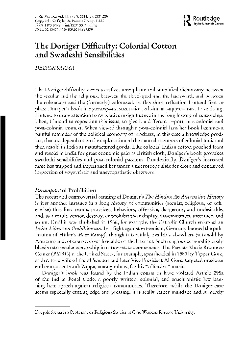 First page of “The Doniger Difficulty: Colonial Cotton and Swadeshi Sensibilities”