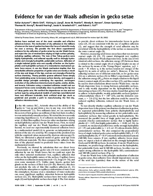(PDF) Evidence for van der Waals adhesion in gecko setae