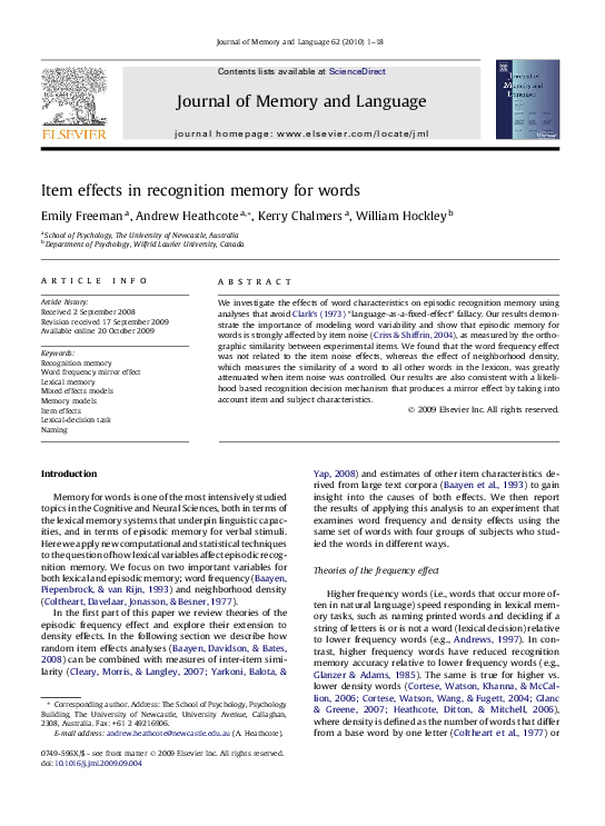 (PDF) Item effects in recognition memory for words.