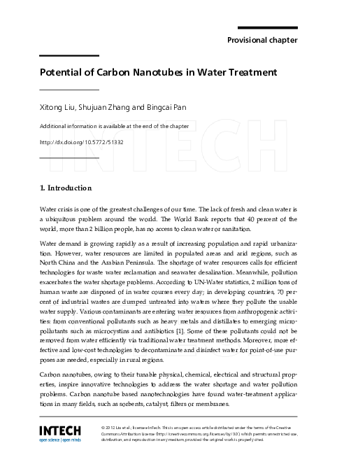 (PDF) Provisional chapter Potential of Carbon Nanotubes in Water Treatment