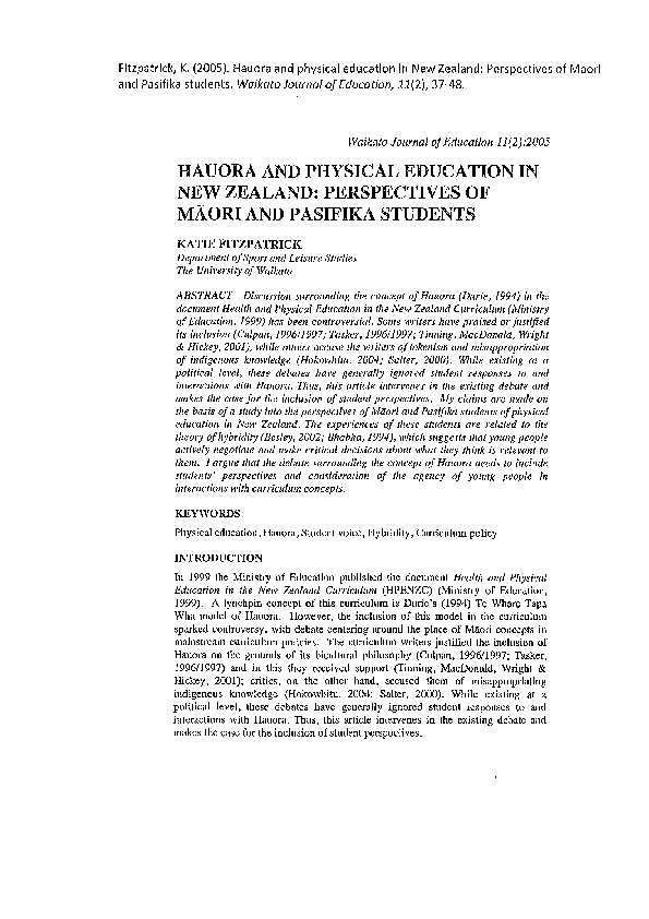 (PDF) Hauora and Physical Education in New Zealand