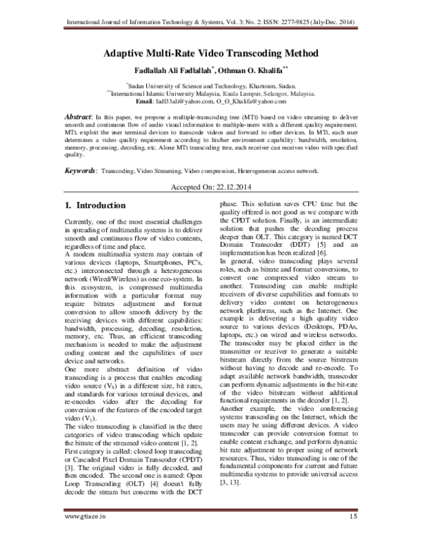 (PDF) Adaptive Multi-Rate Video Transcoding Method