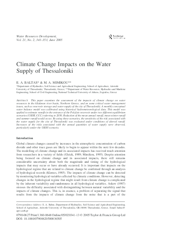 Climate Change Impacts on the Water Supply of Thessaloniki
