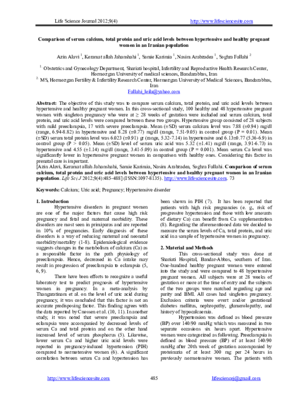 (PDF) Comparison of serum calcium, total protein and uric acid levels ...