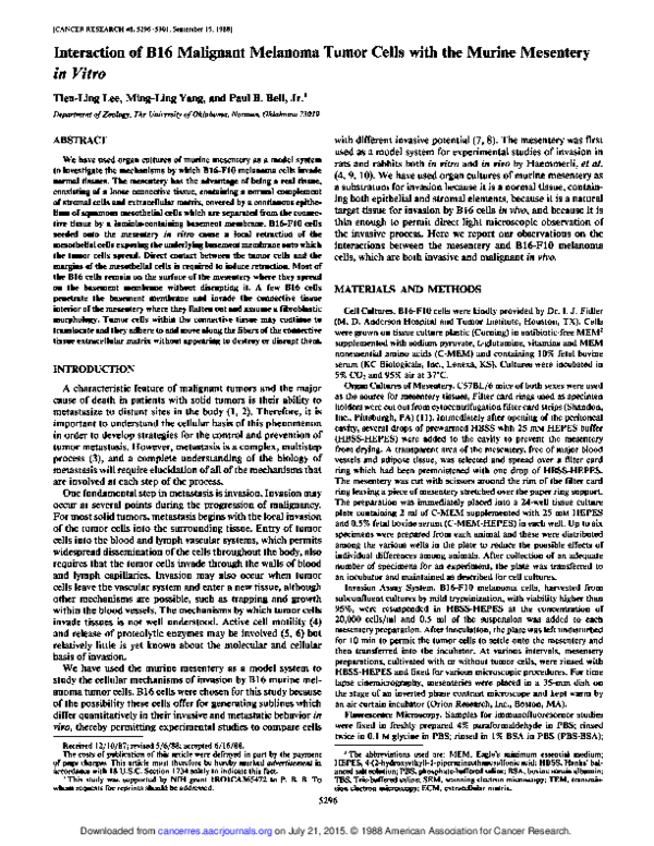 (PDF) Interaction of B16 Malignant Melanoma Tumor Cells with the Murine ...